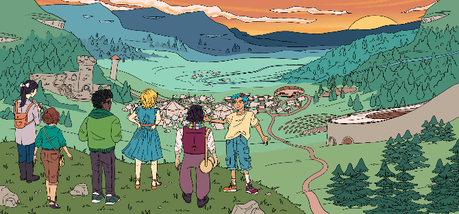Capsule art of Paragon's Hand showing a group of young people looking down at a festival in a valley.